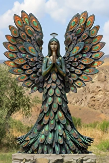 Ai Generated Prints: Statue of woman with feather-type wings and dress. (AI Generated)