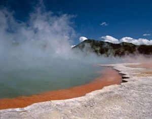 Steam rising from Champagne Pool at WAI-O-TAPU Thermal Area on the North Island of