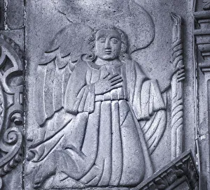 Place Prints: Stone angel facade San Cristobal Church, Puebla, Mexico. Built in 1600 to 1700 s