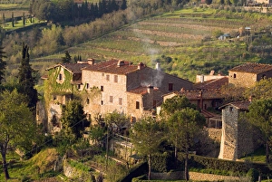 Images Dated 27th April 2004: Stone buildings perch on the vineyard-covered hills above the rural town of Lamole