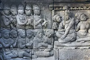 Bas Relief Prints: Stone carving at Borobudur, UNESCO World Heritage site, Magelang, Central Java, Indonesia