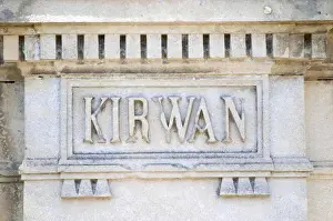 Images Dated 10th August 2015: A stone inscription Kirwan on one of the gate post pillars Chateau Kirwan, Cantenac