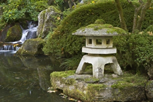 Quiet Prints: Stone lantern and Heavenly Falls, Portland Japanese Garden, Oregon