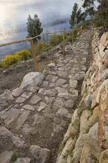 Stone path to lake, Suasi Island (also known as Isla Suasi), Lake Titicaca, Peru. (PR)