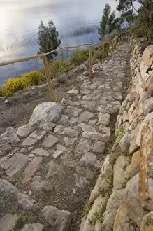 Walk Way Prints: Stone path to lake, Suasi Island (also known as Isla Suasi), Lake Titicaca, Peru. (PR)