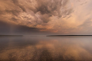 Wisconsin Prints: Stormy skies at sunrise over Lake Superior from Manitou Island in the Apostle Islands