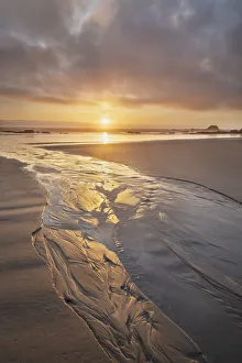 Sun Ray Prints: Stream flowing into the Pacific Ocean at sunset, Kalaloch Beach Olympic National Park