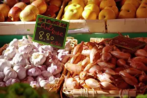 Outdoor Market Prints: Street market merchants stall with garlic and shallot onions Sanary Var Cote