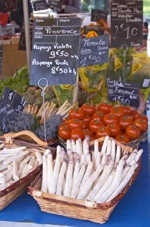 Street market merchants stall with white asparagus, tomatoes Sanary Var Cote