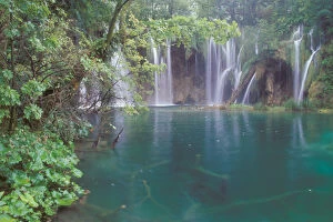 A string of falls surounds a smaller lake with submerged logs. Plitvice Lakes National Park