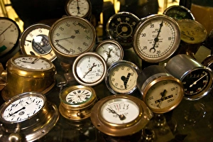 Shine Prints: Stuttgart, Germany, Mercedes-Benz Museum, various metal mercedes speedometers, oil gages
