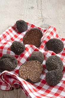 Expensive Prints: Summer black truffles (Tuber aestivum) on a napkin
