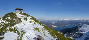 Foothill Prints: Summit of Mt. Herzogstand with pavilion near lake Walchensee during winter in