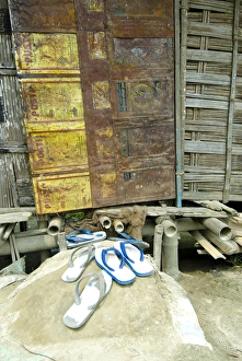 Bamboo Prints: Sumoimari Ghat, Majuli Island, Assam State, northeast India, door and porch of a