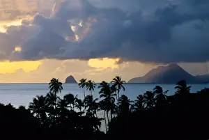 James Kay Prints: The sun sets behind Diamond Rock viewed from the island of Martinique in the Caribbean