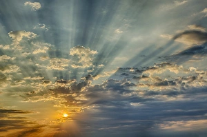 God Beam Prints: Sunbeams streaming through clouds at sunset, Cincinnati, Ohio