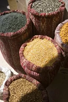 Sunflower seeds, blackcurrants, corn kernels, and roasted chickpeas in sacks, Mardin