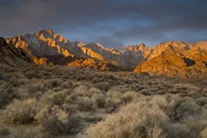 Sunrise and the backdrop of the Eastern Sierra Mountains Alabama Hills California