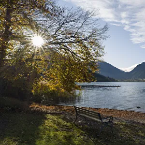 Sunrise at lake and village Schliersee in the Bavarian Alps during autumn, Bavaria