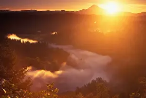 Sun Beam Prints: Sunrise over Mt Hood, with the Sandy River covered in fog as seen from Jonsrud Viewpoint near Sandy