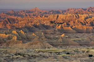 Sandstone Prints: sunrise, Pinnacles Overlook, Badlands National Park, South Dakota, USA