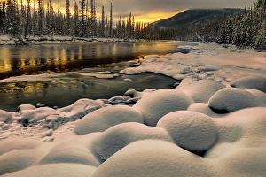 John Ford Prints: Sunrise snow pillows, Bow River, Canada