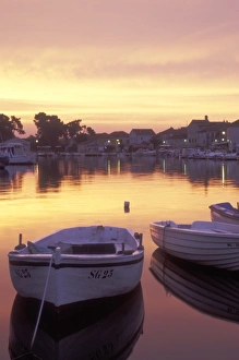 Hvar Island Prints: Sunrise over Stari Grade harbor with fishing boats. Hvar Island, Croatia