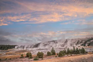 Sunrise view of Upper Geyser Basin and steaming geysers, Upper Geyser Basin
