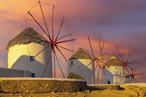 Windmill Prints: Sunrise Windmills, Mykonos, Greece