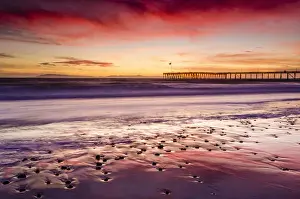 Images Dated 21st January 2012: Sunset over the Channel Islands and Ventura Pier from San Buenaventura State Beach