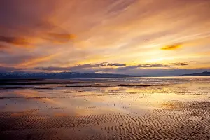 Ripples Prints: Sunset over Great Salt Lake looking west toward Lakeside Mountains and Stansbury Island