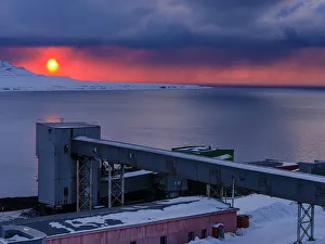 Russian Prints: Sunset over the mine. Russian coal mining town Barentsburg at fjord Gronfjorden