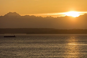 Olympic Prints: Sunset over Puget sound and the Olympic Mountain Range from Seattle, Washington, USA