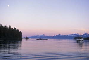 Sunset scenic near Frederick Sound, moonrise, S. E. Alaska