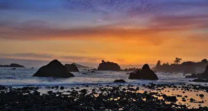 Images Dated 25th March 2019: Sunset and sea stacks along Northern California coastline, Crescent City