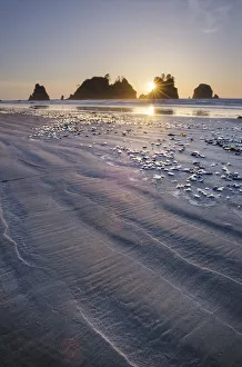 Sea Stack Prints: Sunset on Shi Shi Beach, sea stacks of Point of the Arches are in the distance