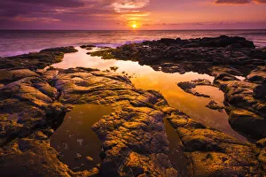 Tide Pool Prints: Sunset and tide pool above the Pacific, Kailua-Kona, Hawaii USA