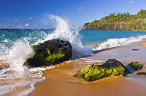 Saltwater Prints: Surf crashing on lava rocks at Secret Beach (Kauapea Beach), Kilauea Lighthouse visible
