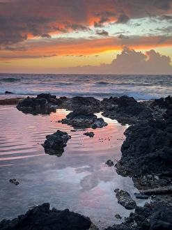 Prints of Surf and tide pool in sunset, Kona coast, big island, Hawaii, USA Images Dated 2024 October: Surf and tide pool in sunset, Kona coast, big island, Hawaii, USA