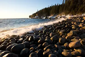 Down East Prints: Surf washes over the cobblestones in Monument Cove in Maines Acadia National Park