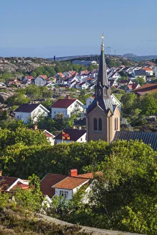 Bohuslan Prints: Sweden, Bohuslan, Kungshamn, town view from the south, with church (Editorial Use Only)