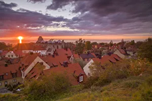 Gotland Prints: Sweden, Gotland Island, Visby, high angle city view, dusk