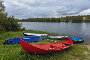 Fredrik Norrsell Prints: Sweden, Norrbotten. Boats along the Laino River in Lannavaara