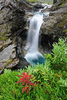 Sweden, Norrland, Bjorkliden. Waterfall along Rakkasjohka