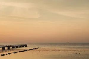 Skane Prints: Sweden, Scania, Malmo, Riberborgs Stranden beach area, pier at sunset