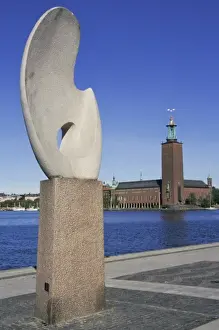 Water Way Prints: Sweden, Stockholm. Modern art and traditional architecture in Riddarholmen Plaza