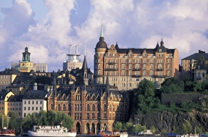 Sweden, Stockholm, Soder Malarstrand. Historic buildings on waterfront