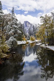 Vivid Prints: Swinging Bridge. Autumn first snow in Yosemite National Park, California, USA