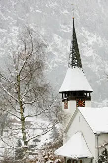 Swiss Prints: SWITZERLAND-Bern-LAUTERBRUNNEN: Town Church & Mountains / Winter
