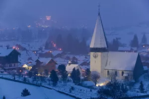 Images Dated 19th February 2005: SWITZERLAND-Bern-SAANEN (Area around Gstaad): Town Church / Winter / Evening